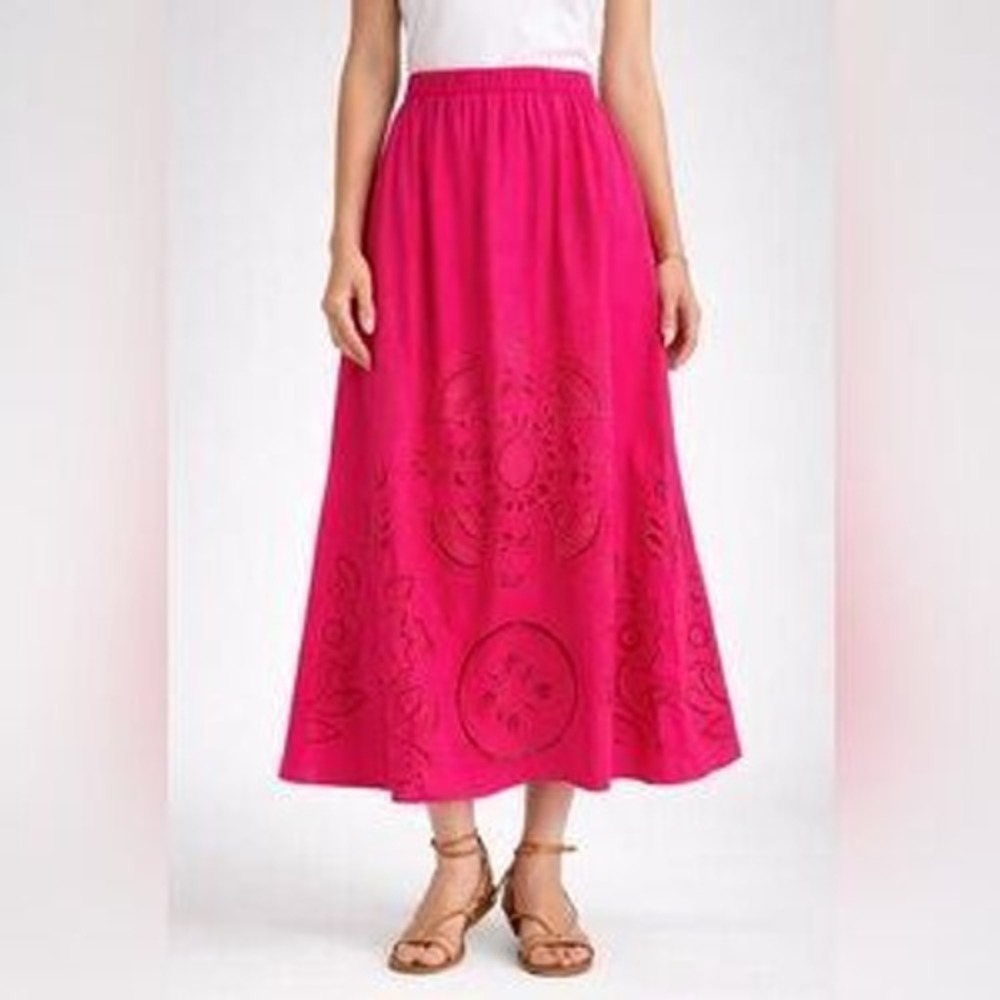 NWT MISA Analisse A-Line Midi Skirt Eyelet Embroidered Pink Elastic Waist XS